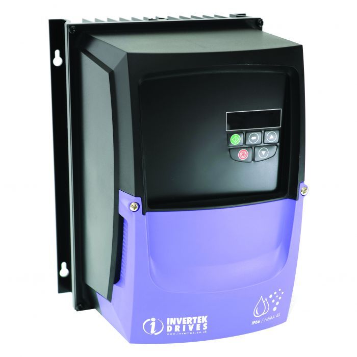 Purple and black inverttek drives industrial variable frequency drive with a digital display panel.