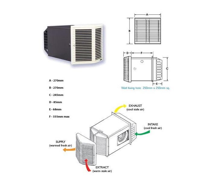 Black and white rectangular air ventilation unit with horizontal slats on the front panel.