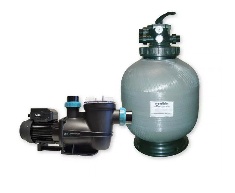 Certikin aquaspeed pool pump and sand filter system with black motor housing, teal accents, and a gray spherical filtration tank.