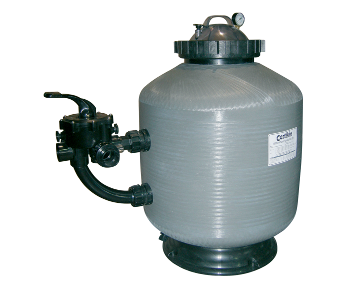 Gray plastic swimming pool filter with black metal fittings and a pressure gauge on top