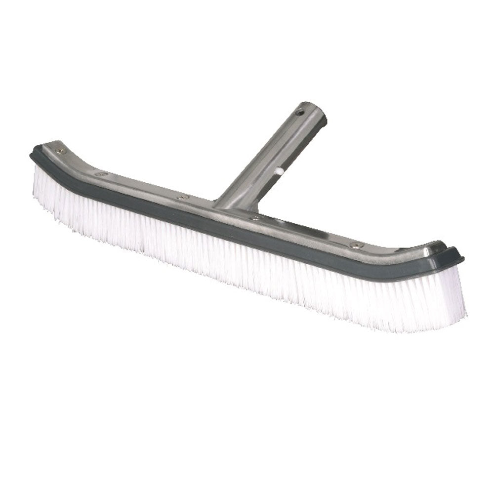 Silver and black pool brush with dense white bristles.