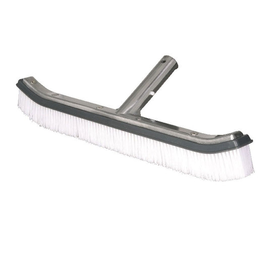 Silver and black pool brush with dense white bristles.
