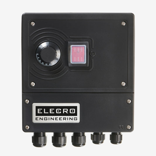 Black rectangular industrial control panel with a rotary dial and red indicator light, branded ’elecro engineering’.
