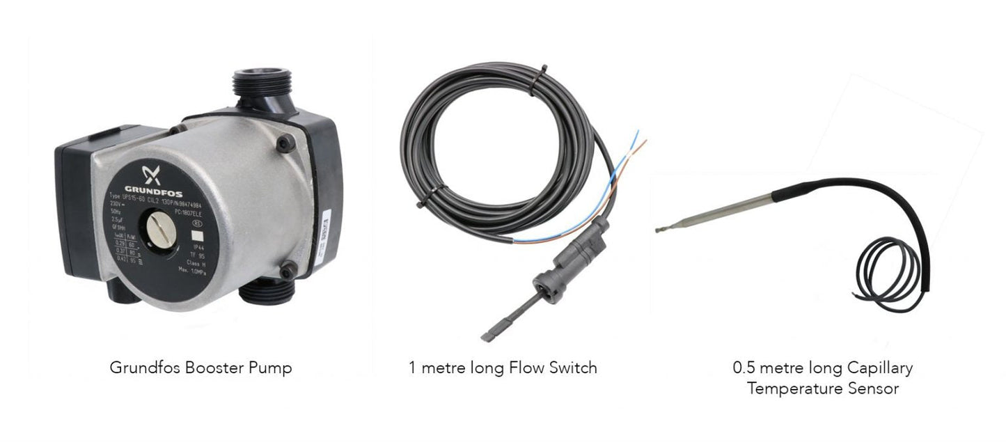 Silver and black grundfos booster pump with a circular control dial on its front face.