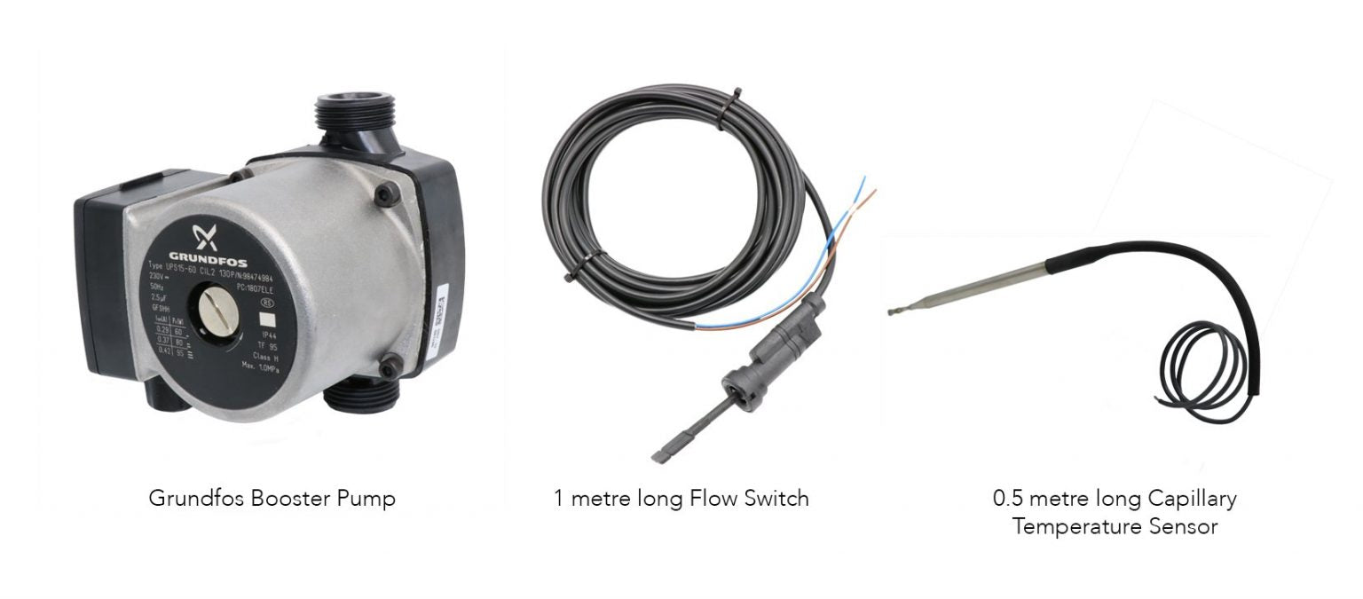 Silver and black grundfos booster pump with a circular control dial on its front face.