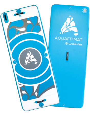 Blue and white aquafitmat with a wave design, featuring the waterflex logo on its back.