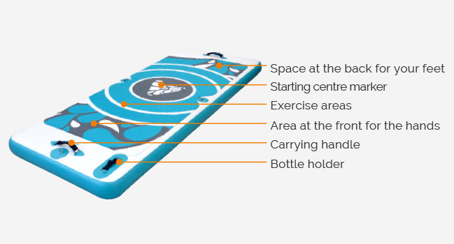 Blue and white inflatable exercise mat with a circular design featuring the adidas logo.