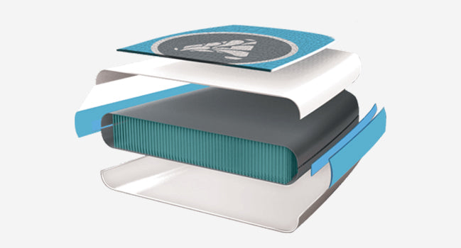 Blue and white layered electronic device with a circular logo on top.