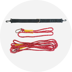 Red and yellow braided rope with metal hardware.