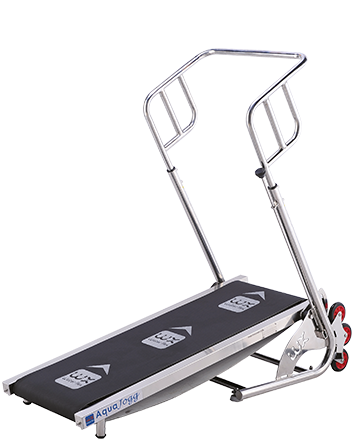 Silver-framed aquatoga treadmill with black running surface and branded logo on the side.