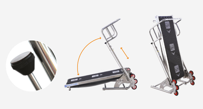 Silver-framed, foldable luggage cart with black textured panels and red wheels.