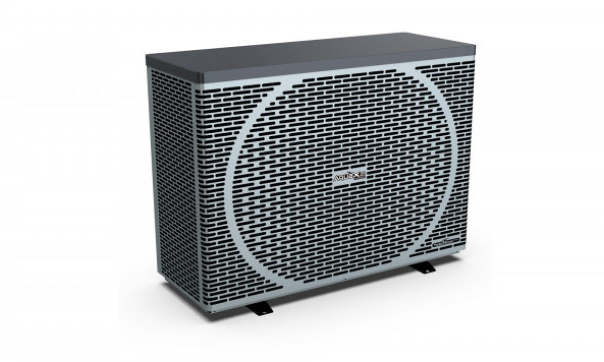 Gray metal outdoor air source heat pump with a perforated grille and circular design.