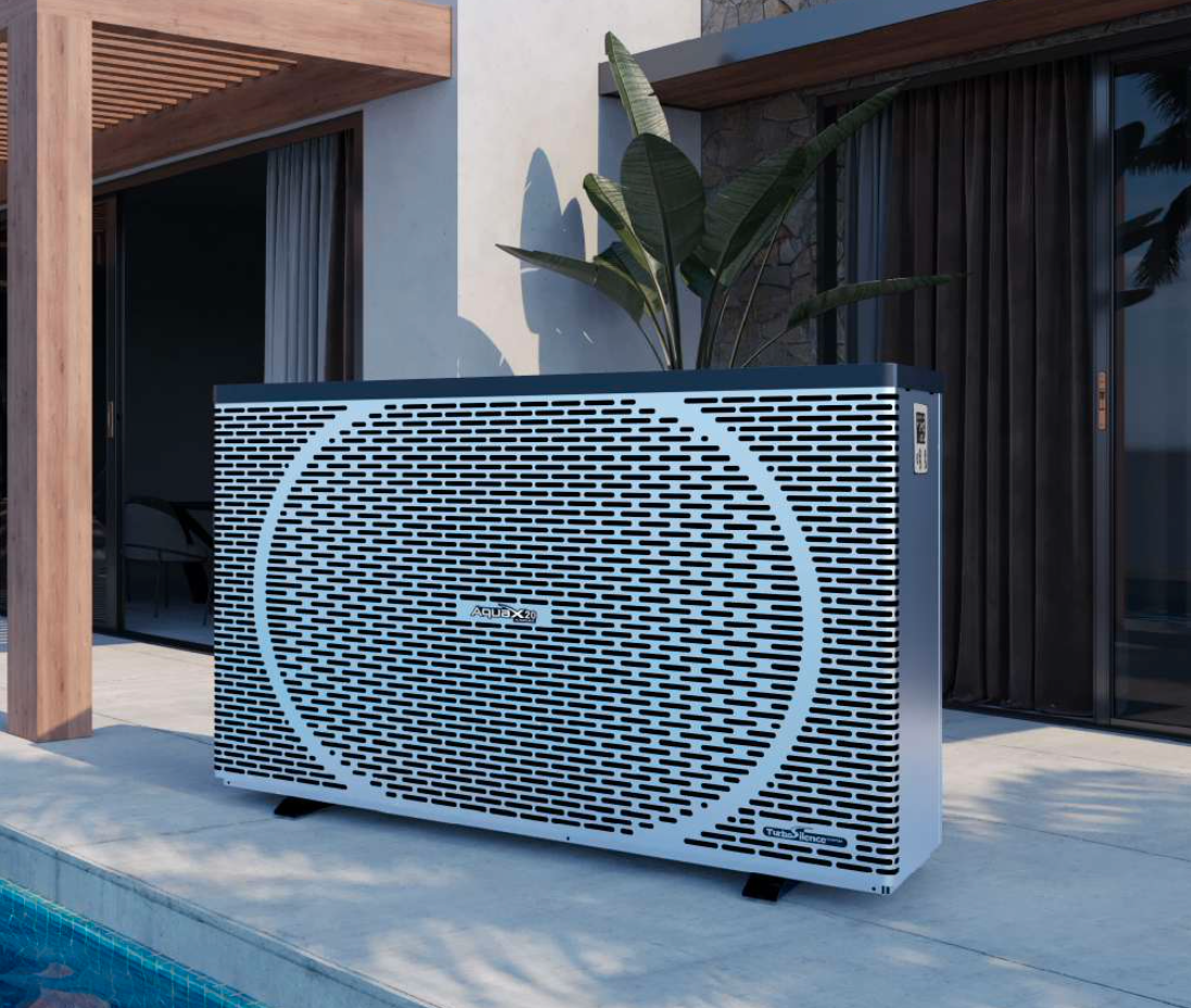 Modern white and black perforated outdoor heat pump unit with sleek, minimalist design.