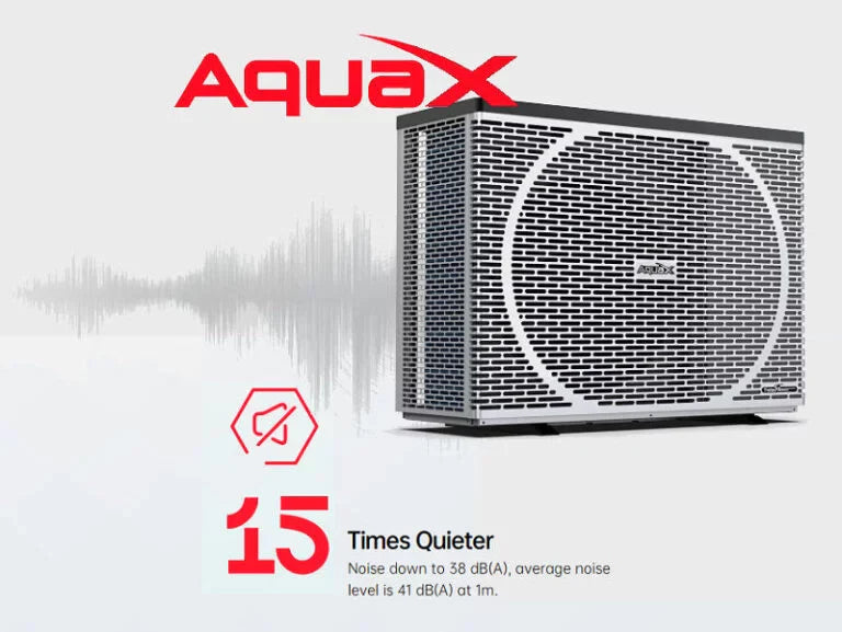 Aquax outdoor air conditioner with a sleek black and silver grille design.