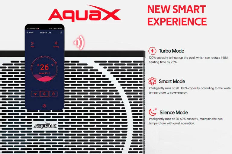 Aquax smart pool heater with a sleek black and white grille design, featuring app-controlled modes for efficient temperature management.