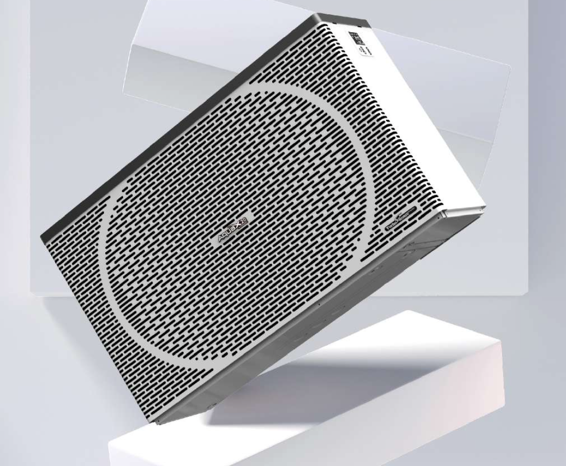 White and black rectangular speaker with a perforated grille design