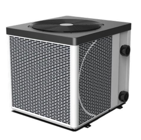 Black and silver rectangular air-cooled heat pump with a mesh front panel, circular fan on top, and two black pipe fittings on the side.