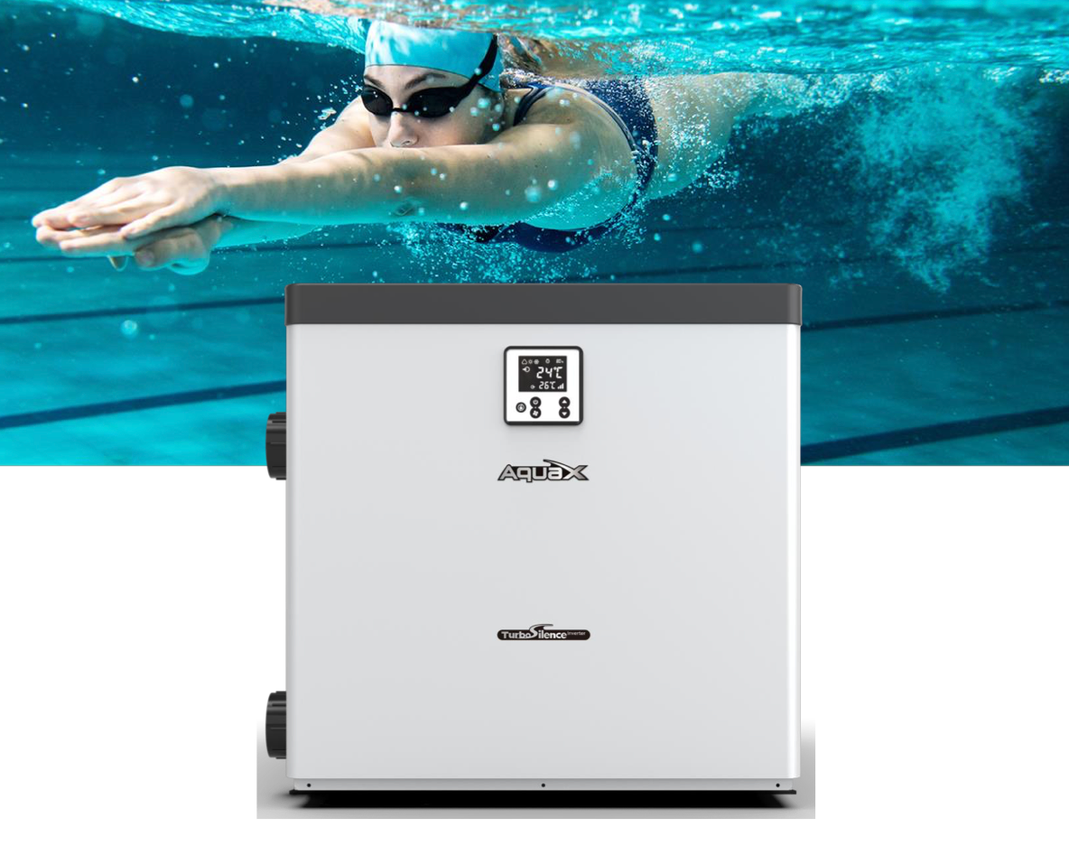White rectangular aquax pool heater with digital display and black accents