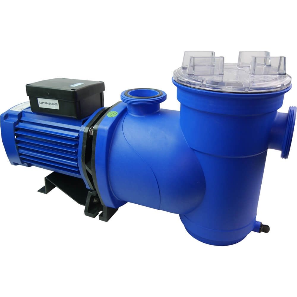 Blue plastic pool pump with a black motor housing and transparent lid.