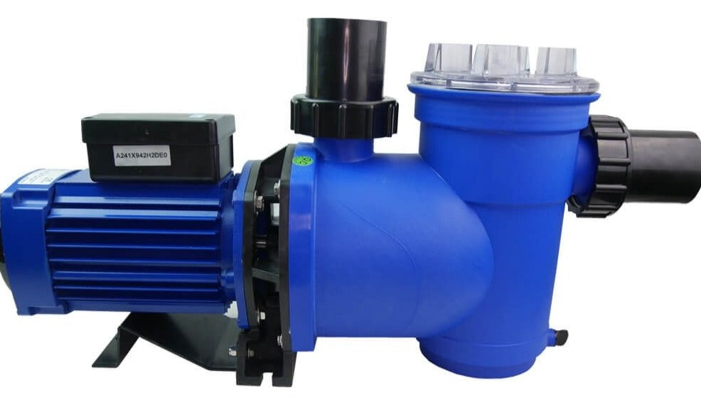 Blue plastic swimming pool pump with black motor housing and fittings.