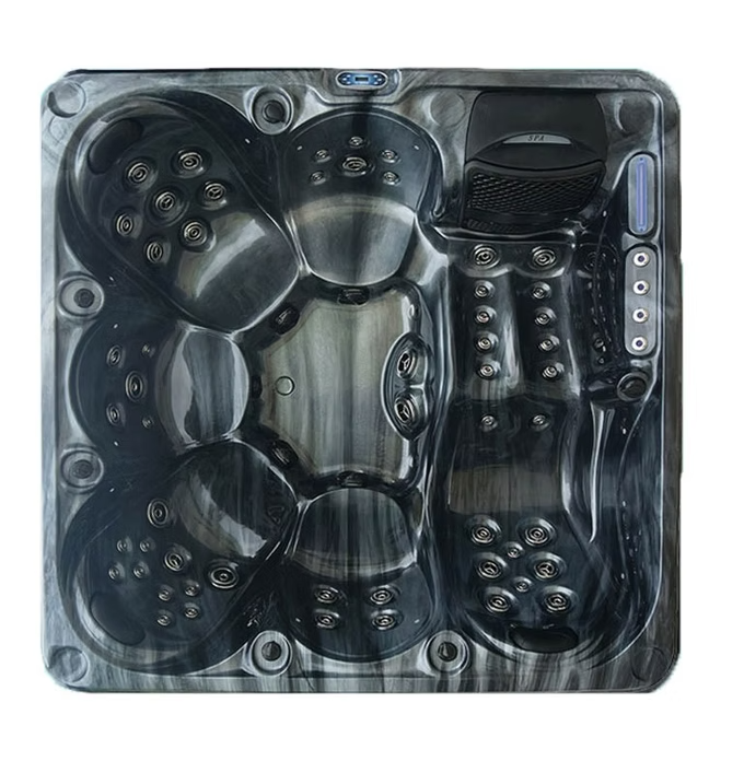 Black and gray marbled hot tub with multiple seating areas, jet nozzles, and control panels.