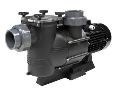 Black plastic pool pump with gray fittings and a black motor housing.
