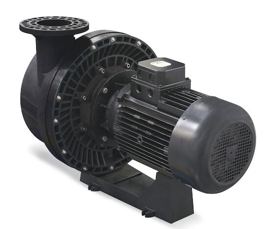 Black industrial blower with ribbed casing and motor housing