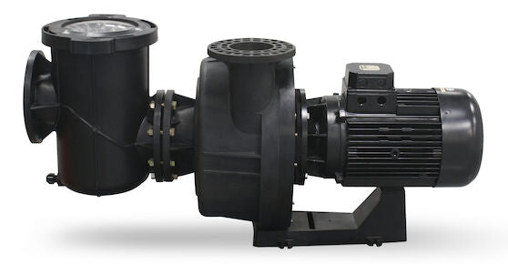 Black industrial pool pump with a cylindrical filter housing and motor assembly