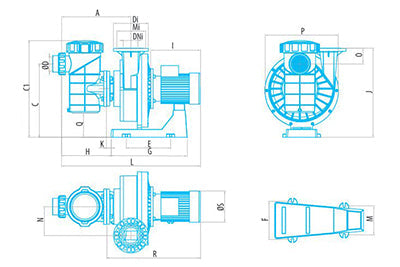 Blue technical drawing of a pump with labeled dimensions and components