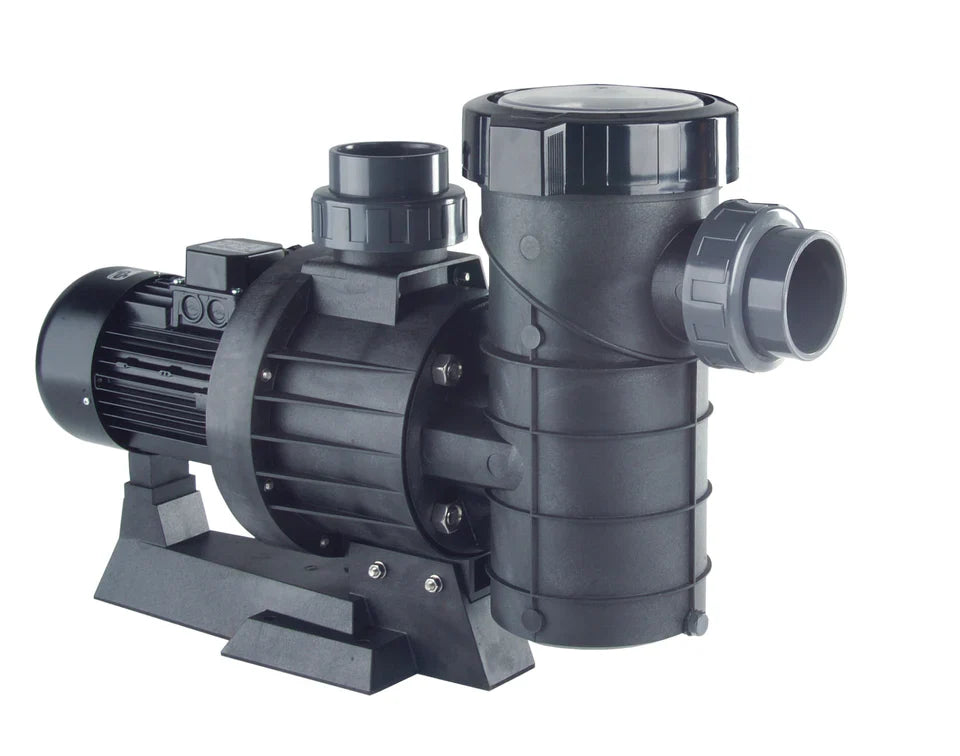 Black plastic pool pump with ribbed casing and threaded fittings