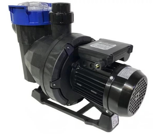 Black plastic pool pump with a blue transparent filter housing and black motor casing.