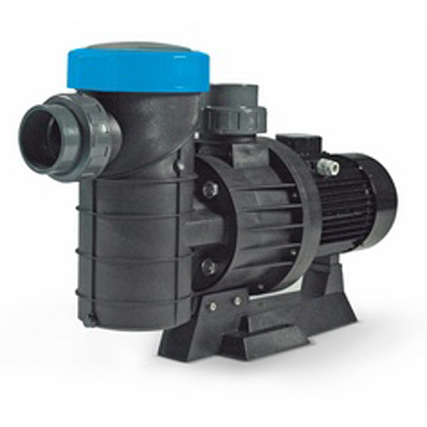Black plastic pool pump with a bright blue circular top cap and gray fittings.