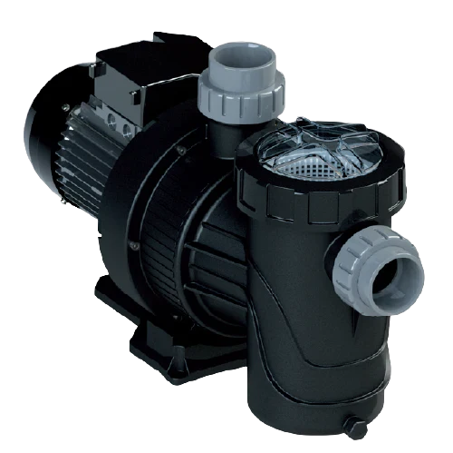 Black and gray pool pump with a ribbed motor housing, clear filter cover, and threaded fittings.
