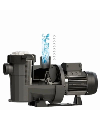 Black industrial-grade pool pump with a visible internal water flow diagram.