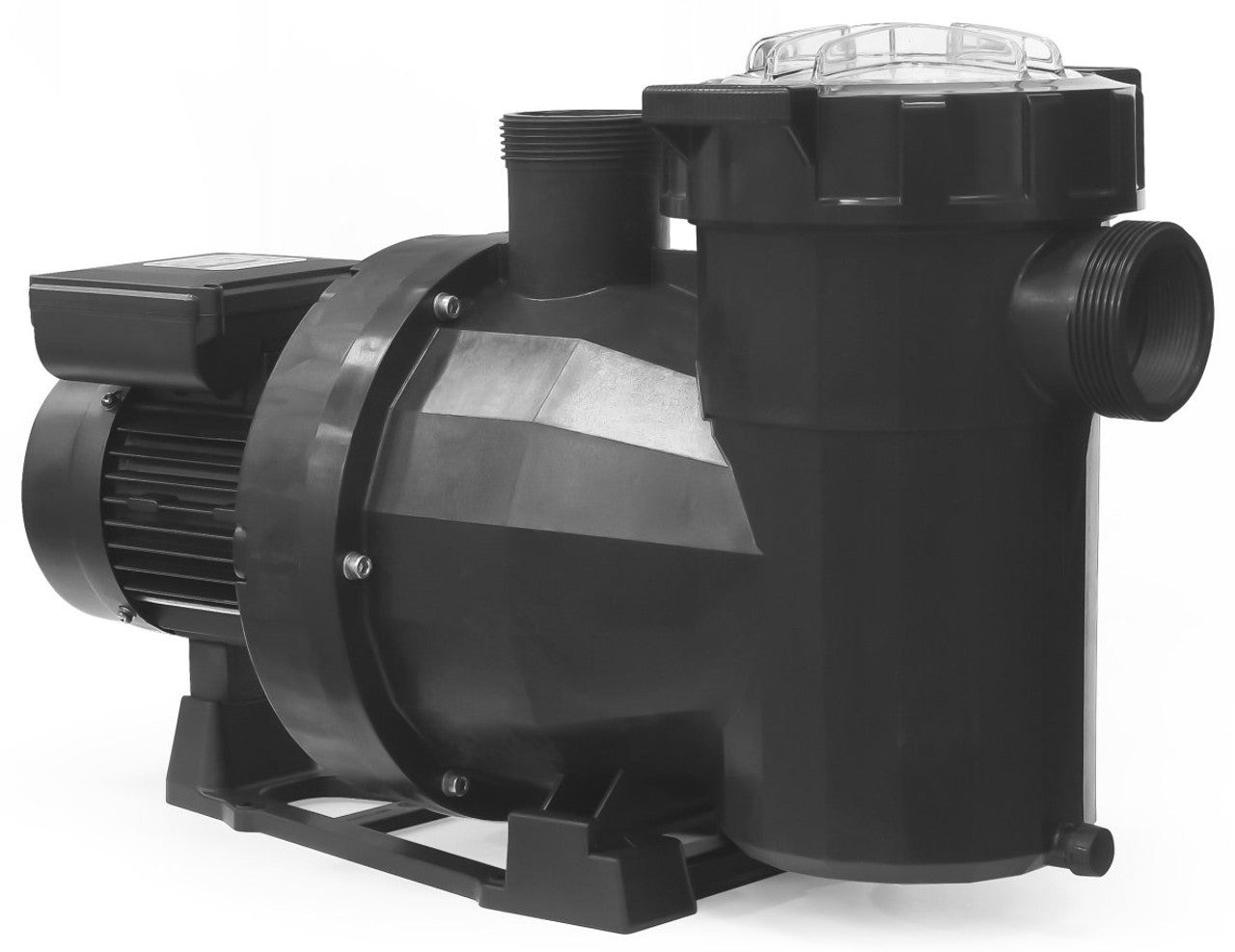 Black plastic pool pump with a clear lid on top and threaded ports for water connections.