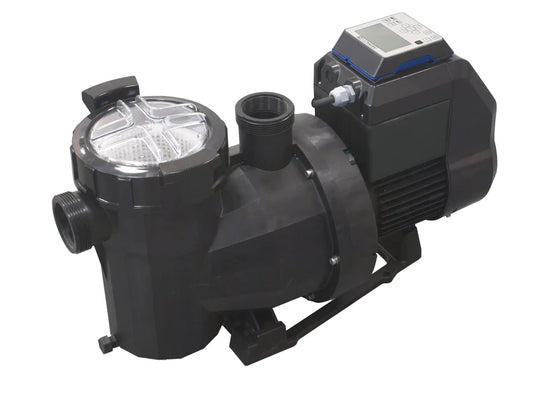 Black plastic pool pump with a transparent lid on the filter housing and a digital control panel.