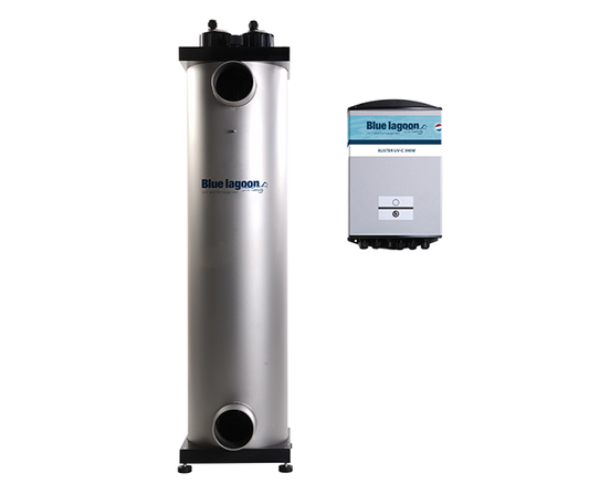 Silver cylindrical blue lagoon pool filter system with black fittings and a matching control unit.