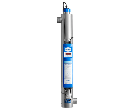 Silver and blue saniger uv water purifier with a digital display panel.