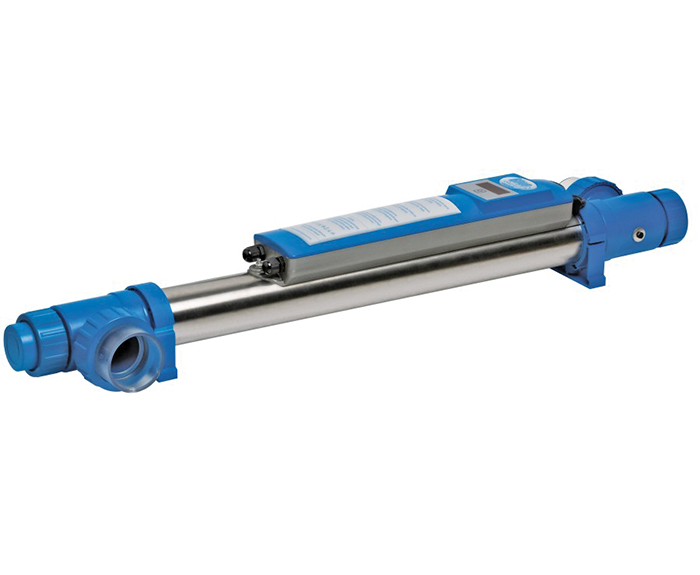 Blue and stainless steel industrial linear actuator with digital display.