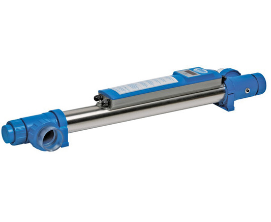 Blue and stainless steel industrial linear actuator with digital display.
