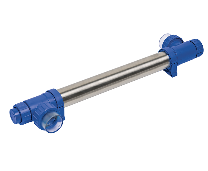 Blue and stainless steel pool heater with plastic fittings.