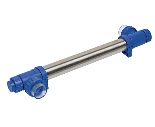 Blue and stainless steel pool heater with plastic fittings.