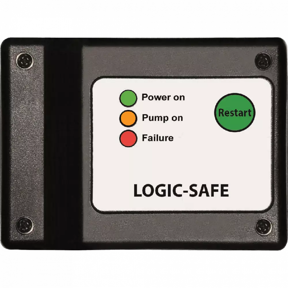 Black logic-safe control panel with green, orange, and red indicator lights for power, pump, and failure status.