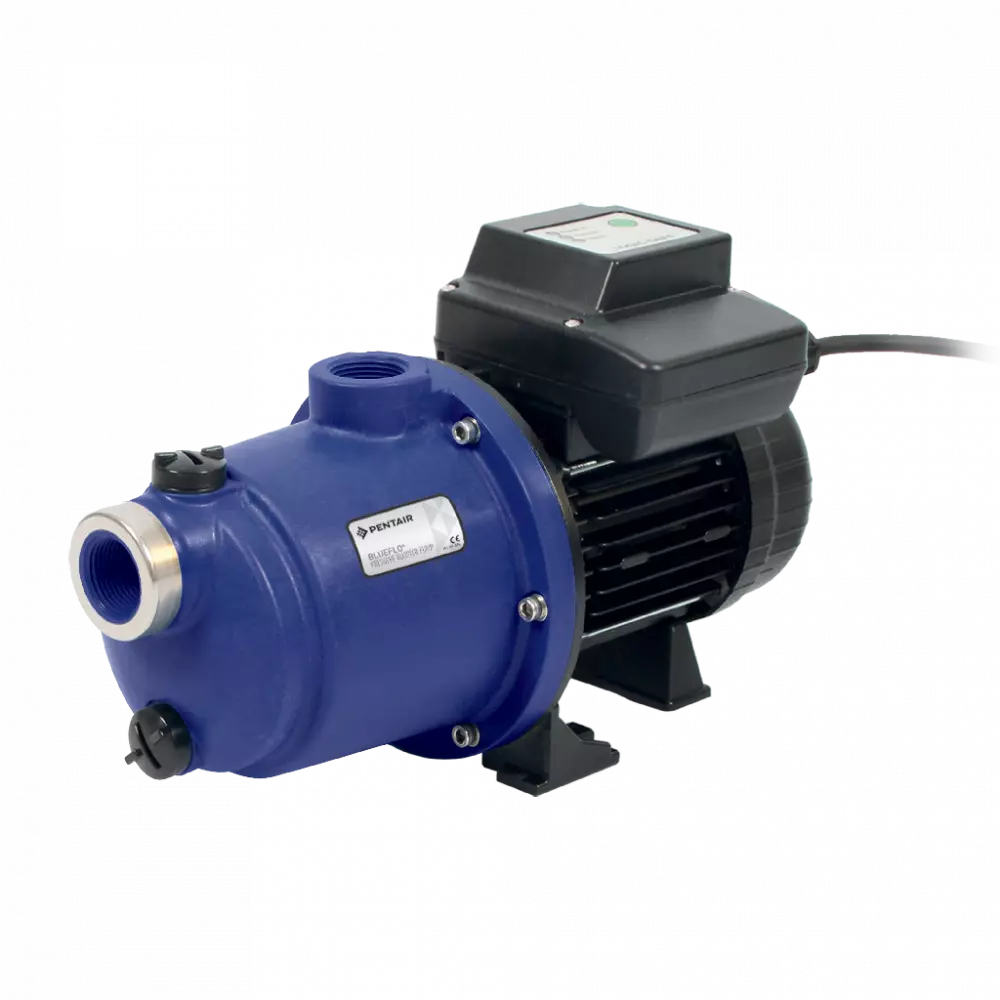 Blue pentair model 10532p submersible pump with black motor housing and control box.