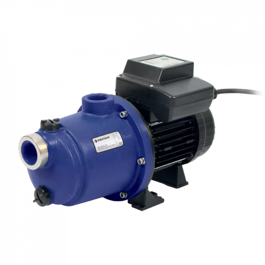 Blue pentair model 10532p submersible pump with black motor housing and control box.