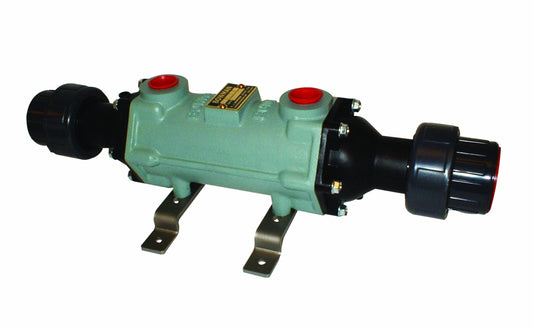 Light green industrial pump with black end caps and red pressure relief valves.