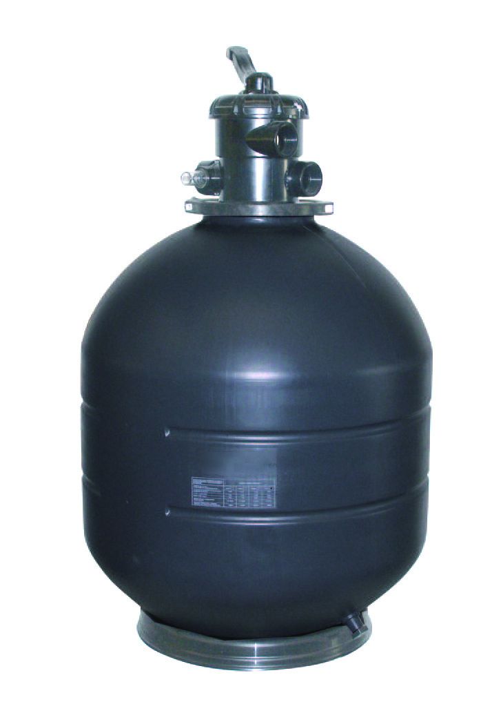Black spherical pool filter with a metallic top assembly and base.