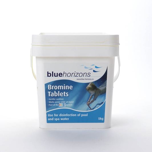 White plastic bucket of blue horizons bromine tablets, 5kg container for pool and spa water disinfection.