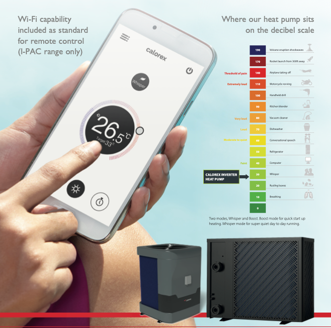 White smartphone displaying the calorex heat pump app interface with a temperature setting of 26.5°c