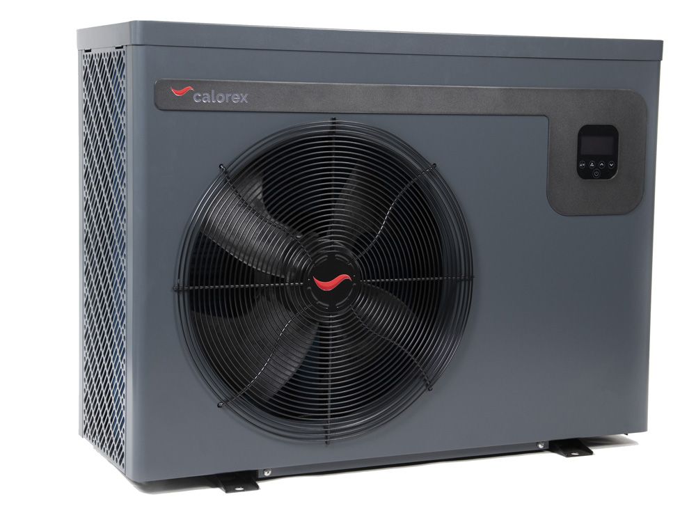 Gray calorex outdoor heat pump unit with a black fan and control panel.